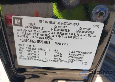 2004 Chevrolet Tahoe Lt z USA, uszkodzony, nr VIN 1GNEC13Z34R207083